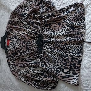 XL Sheer Embellished Black /Tan Safari Print Tie Back V-neck Blouse